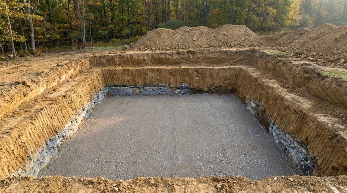 A clean rectangular basement excavation with benched earth walls, a layer of gray shale near the bottom, and a level compacted gravel base