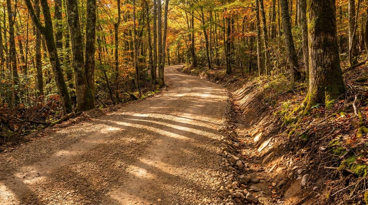 A long rebuilt gravel camp lane climbing through dense Pennsylvania hardwood forest with a cut drainage ditch along the uphill side
