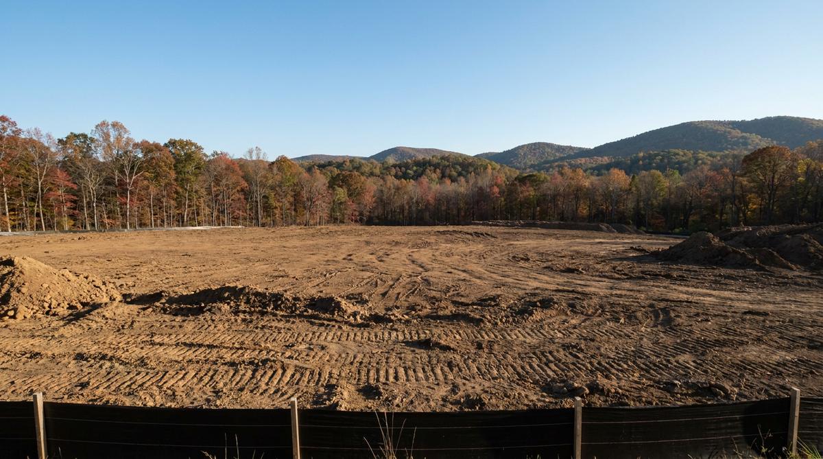 Wide view of a freshly cleared building lot with rough-graded brown earth and a standing hardwood tree line at the back edge