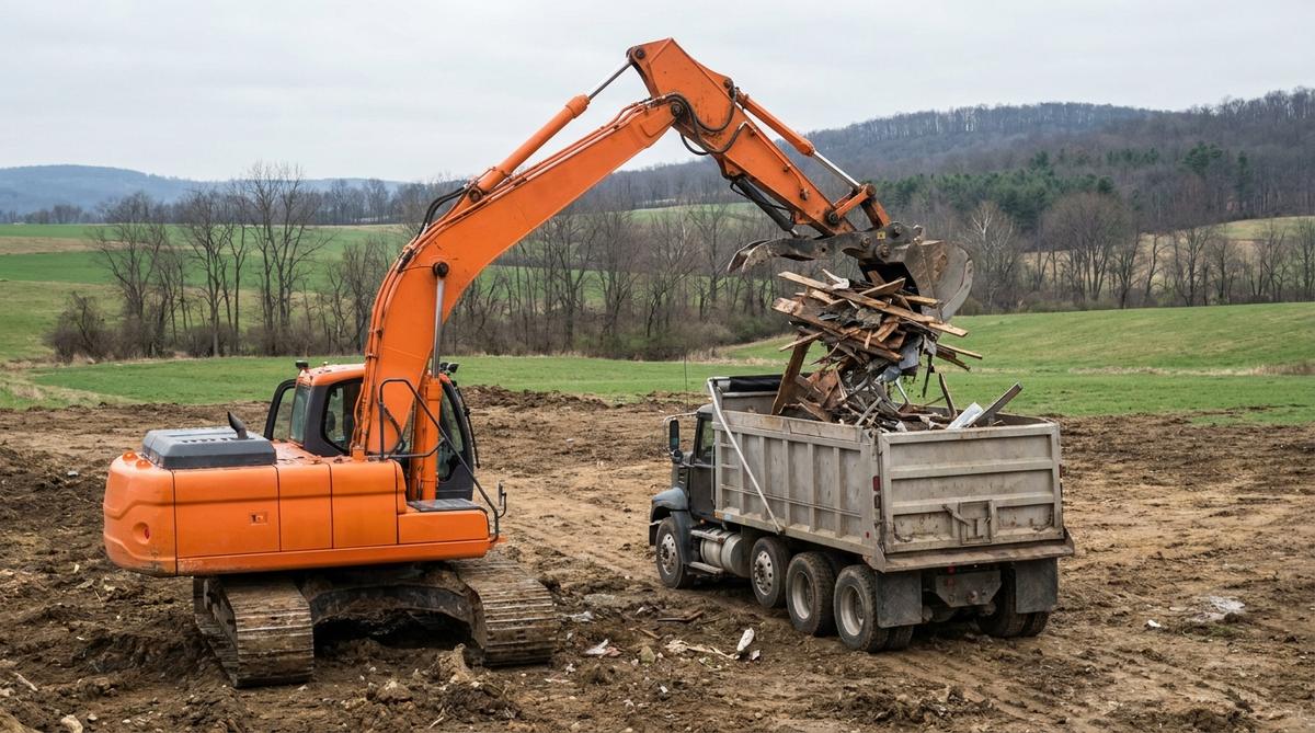 An excavator loading broken lumber and demolition debris into an open dump truck at a rural tear-down site