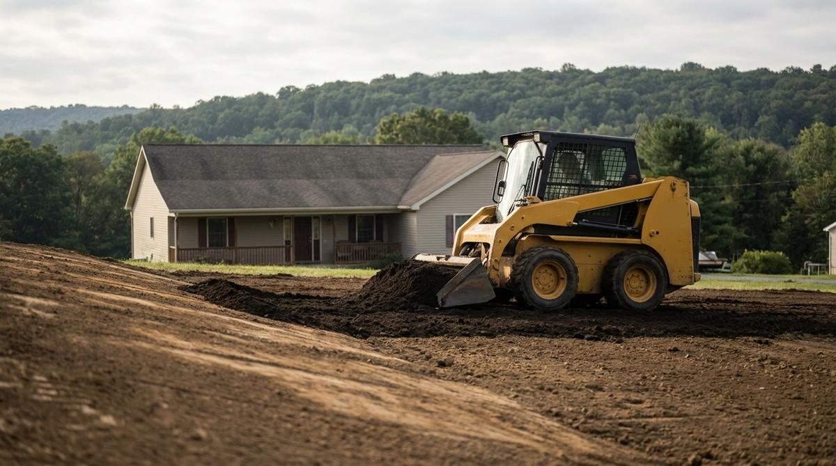 A compact skid steer loader spreading dark topsoil across a freshly graded residential yard with a house in the background