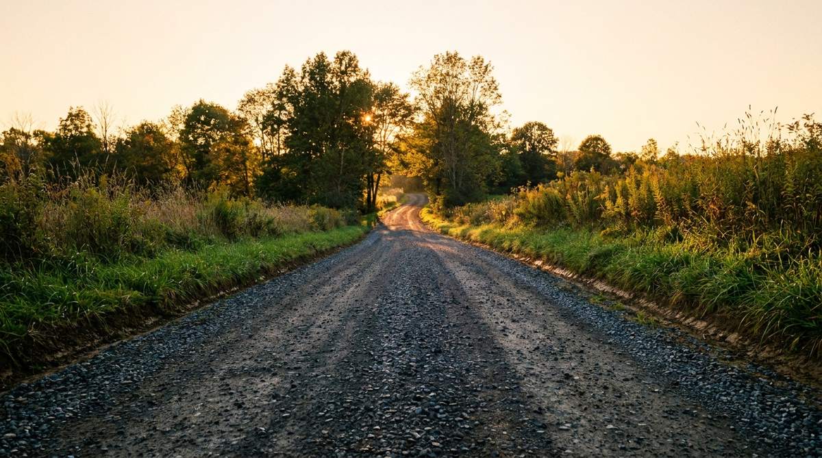 A freshly regraded and compacted gravel driveway with a crisp crown down the center and clean shoulder ditch lines