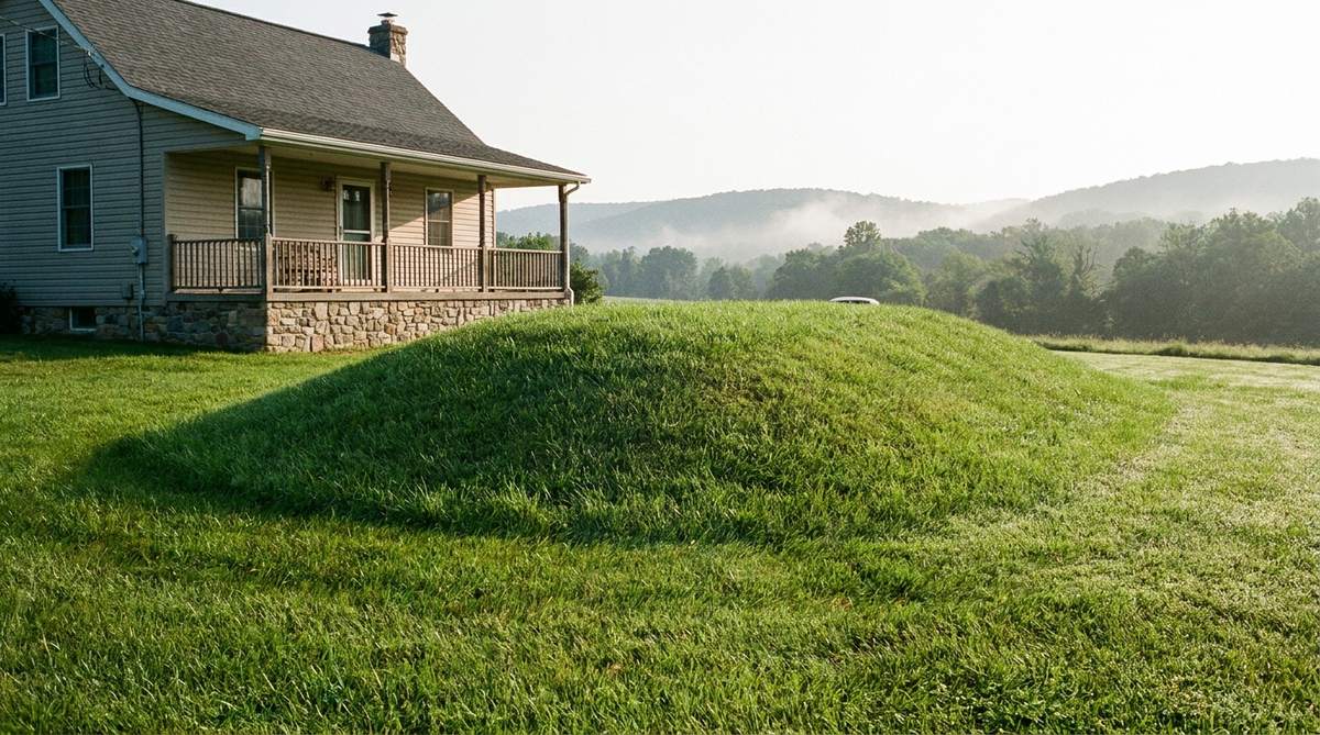 A finished sand mound septic system fully grassed over in a rural back yard, a low green mound rising gently from the lawn