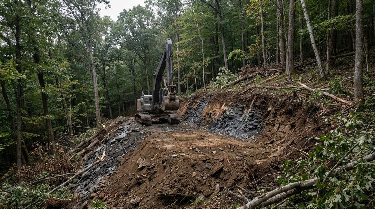 Tracked excavator cutting a level bench into a steep wooded hillside, with gray shale ledge exposed in the cut face