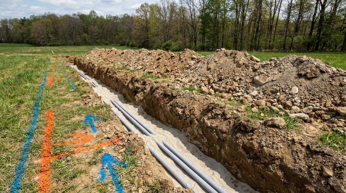 An open utility trench with gray electrical conduit laid on a sand bedding layer, and orange and blue utility marking paint on the ground beside it